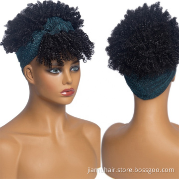 Short Blonde Black Kinky Curly Headband Wig Synthetic Turban Wrap-wig Afro Puff Drawstring Headwrap With Bangs